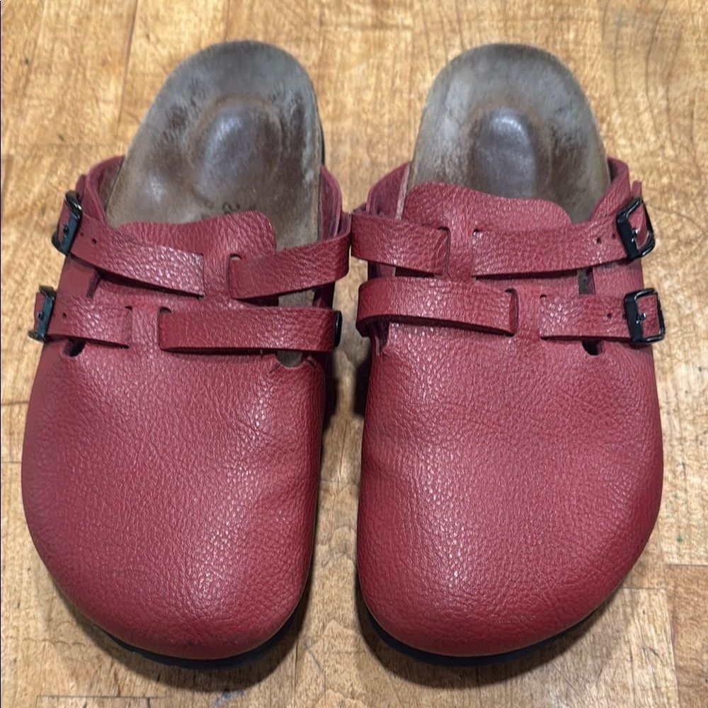 Birkenstock Red Leather Clogs with Buckles